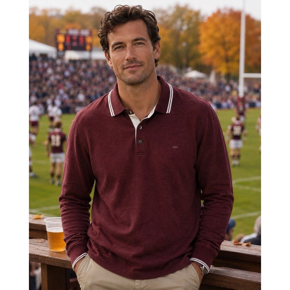 Michael Kors Mens Burgundy Long Sleeve Rugby Polo Shirt XL Cotton MK Logo Top